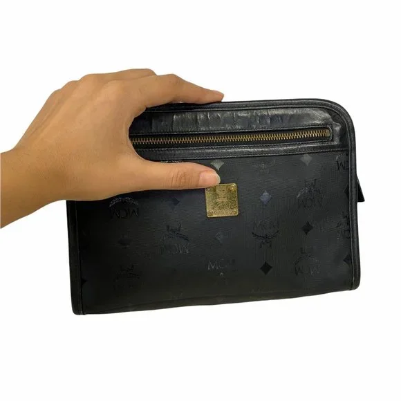 Authentic MCM Clutch Bag Black PVC Used Handbag Vintage On Sale - Picture 7 of 11